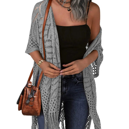 🔥 😍Gilet oversize en maille pour femme – Kimono léger à pompons en crochet pour le printemps et l'été 🌸