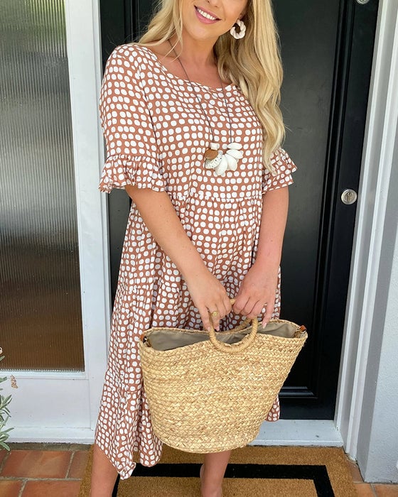 💝🔥 PROMO FLASH -50% ! Robe Midi à Pois & Col Rond Femme – Tissu Léger, Coupe A-Ligne, Manches Mi-Longues à Volants, Idéale Printemps & Été ✨