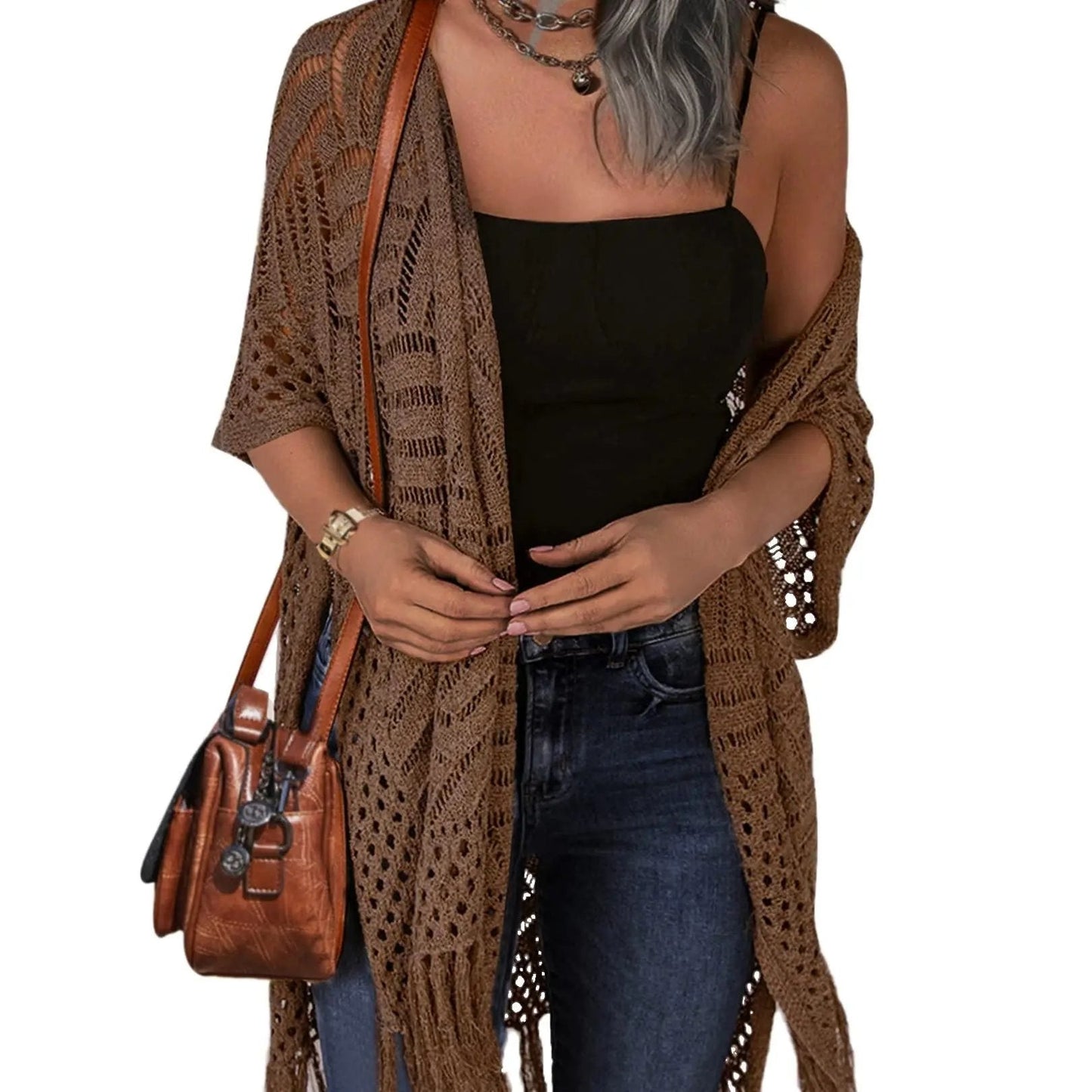 🔥 😍Gilet oversize en maille pour femme – Kimono léger à pompons en crochet pour le printemps et l'été 🌸