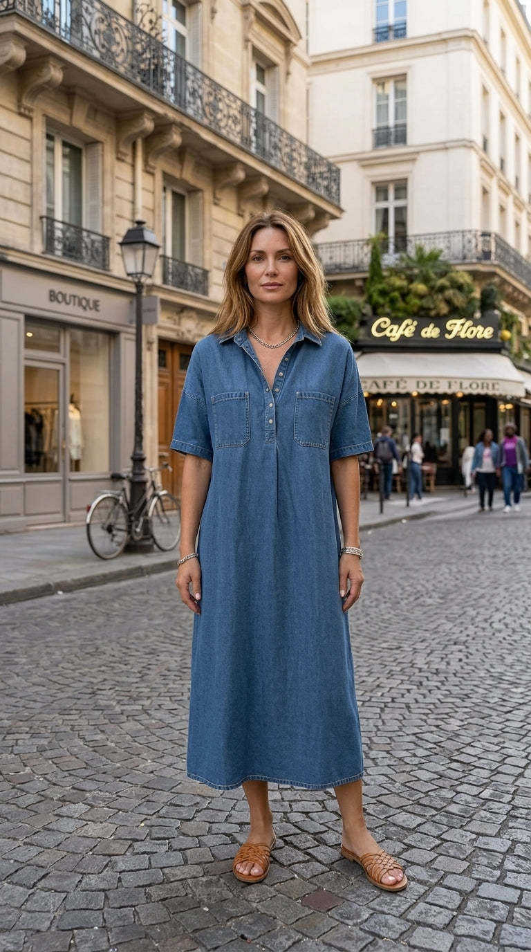 👗🔥 -50% ! Robe-Chemise Midi Jean Femme Poches – Tissu Structuré Non Collant Coupe Oversize Flatteuse Toutes Morphologies S-3XL, Col V Ajustable Manches Courtes Élégance Quotidienne, Légère Respirante ✨