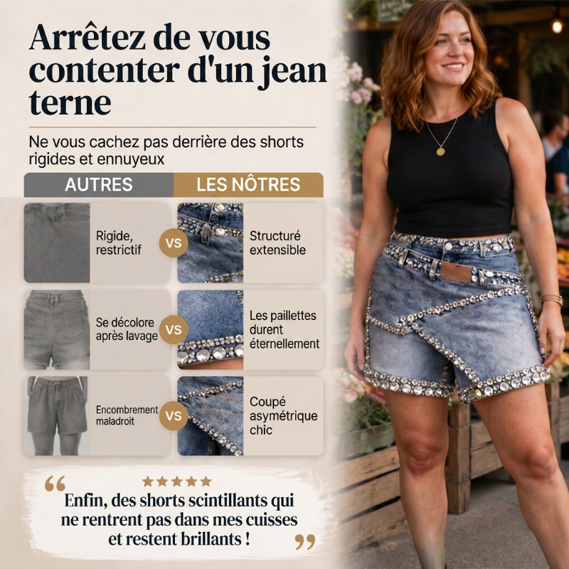 🔥-60%👖 Jupe-short en Jean Femme à Strass – Taille Haute Design Asymétrique