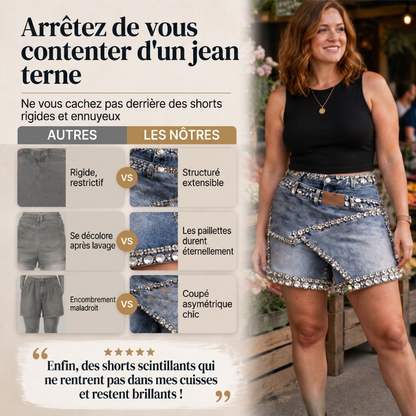 🔥-60%👖 Jupe-short en Jean Femme à Strass – Taille Haute Design Asymétrique