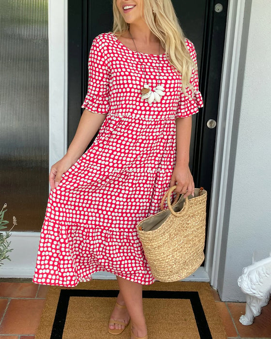 💝🔥 PROMO FLASH -50% ! Robe Midi à Pois & Col Rond Femme – Tissu Léger, Coupe A-Ligne, Manches Mi-Longues à Volants, Idéale Printemps & Été ✨