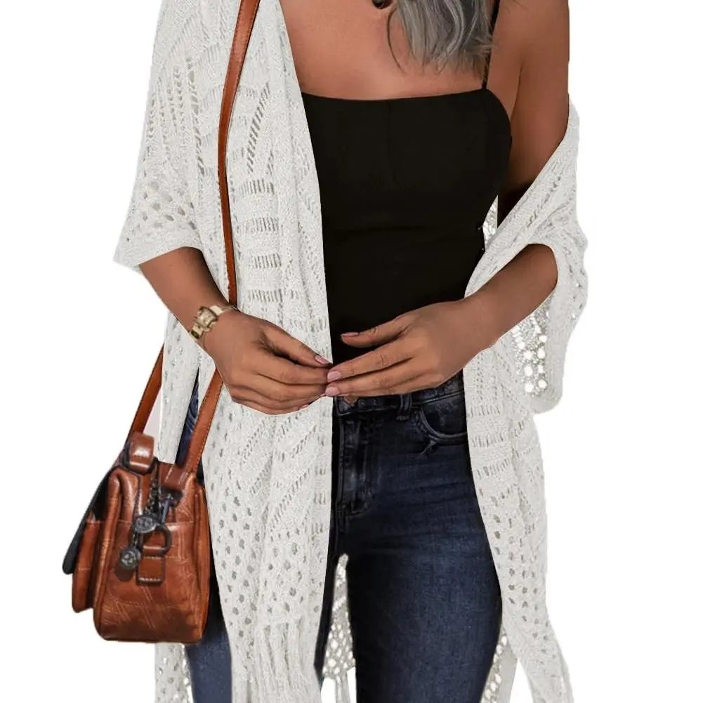 🔥 😍Gilet oversize en maille pour femme – Kimono léger à pompons en crochet pour le printemps et l'été 🌸