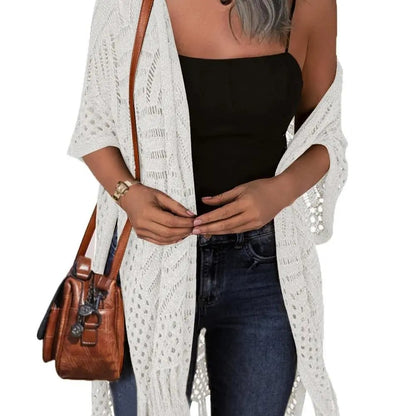 🔥 😍Gilet oversize en maille pour femme – Kimono léger à pompons en crochet pour le printemps et l'été 🌸