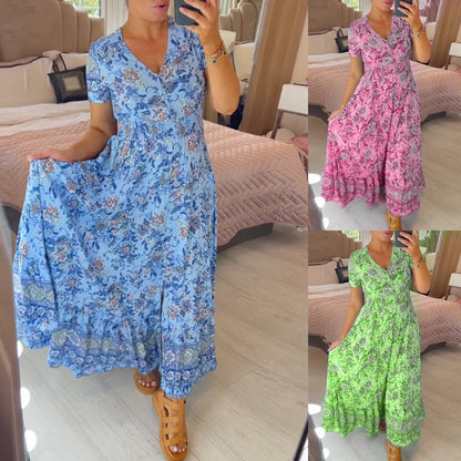 👗 49% DE RÉDUCTION ! 💃 Robe Longue à Col en V Imprimée – Coupe Élégante, Tissu Confortable & Style Polyvalent ✨