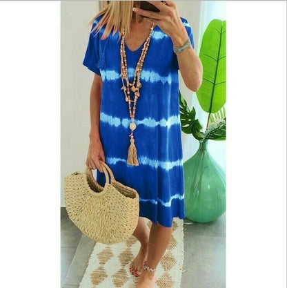👗🌊 PROMO FLASH 50% ! Robe-T-Shirt Ample Rayée Tie-Dye – Coton Doux, Col V, Manches Courtes, Tailles S-5XL, Idéale Été & Plage ✨☀️