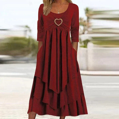 Best-seller🏆👗 Robe midi à volants avec motif en forme de cœur – Coupe trapèze flatteuse et tissu léger, idéale pour les voyages ou les sorties entre amis