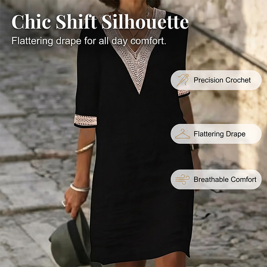 Robe en coton-lin à encolure en V et bordure en dentelle
