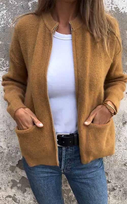 🧥Veste Tricotée à Col Rond – Fermeture Éclair Pratique, Douce & Confortable pour Tous les Jours👚