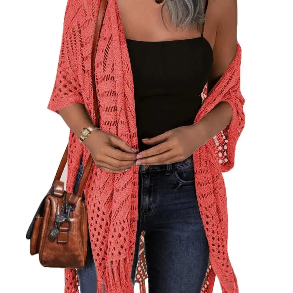 🔥 😍Gilet oversize en maille pour femme – Kimono léger à pompons en crochet pour le printemps et l'été 🌸
