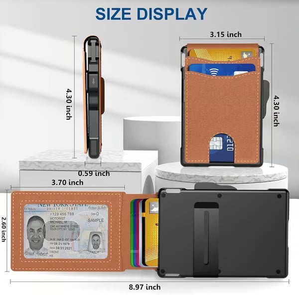💼🔒Portefeuille fin en aluminium pour homme avec protection RFID – Porte-cartes escamotable avec pince à billets et double fenêtre pour carte d'identité