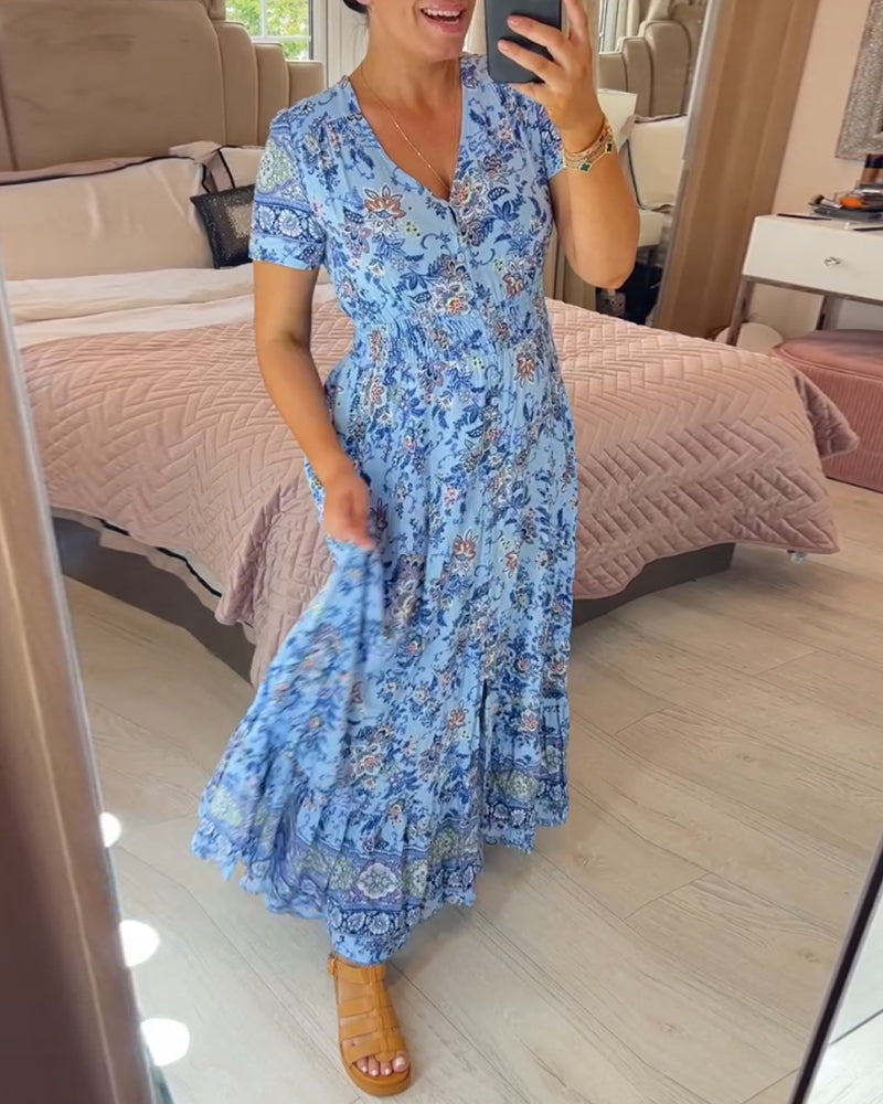 👗 49% DE RÉDUCTION ! 💃 Robe Longue à Col en V Imprimée – Coupe Élégante, Tissu Confortable & Style Polyvalent ✨