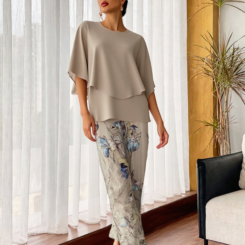 🔥Offre spéciale🔥 Ensemble deux pièces : pantalon imprimé et haut à col rond