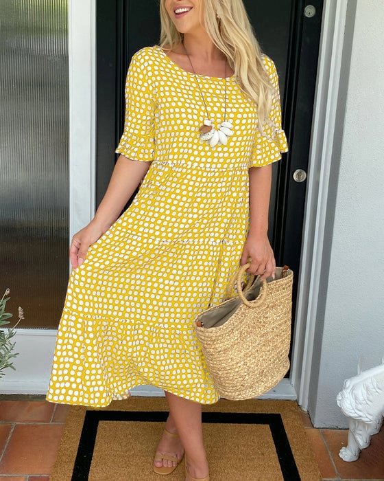 💝🔥 PROMO FLASH -50% ! Robe Midi à Pois & Col Rond Femme – Tissu Léger, Coupe A-Ligne, Manches Mi-Longues à Volants, Idéale Printemps & Été ✨