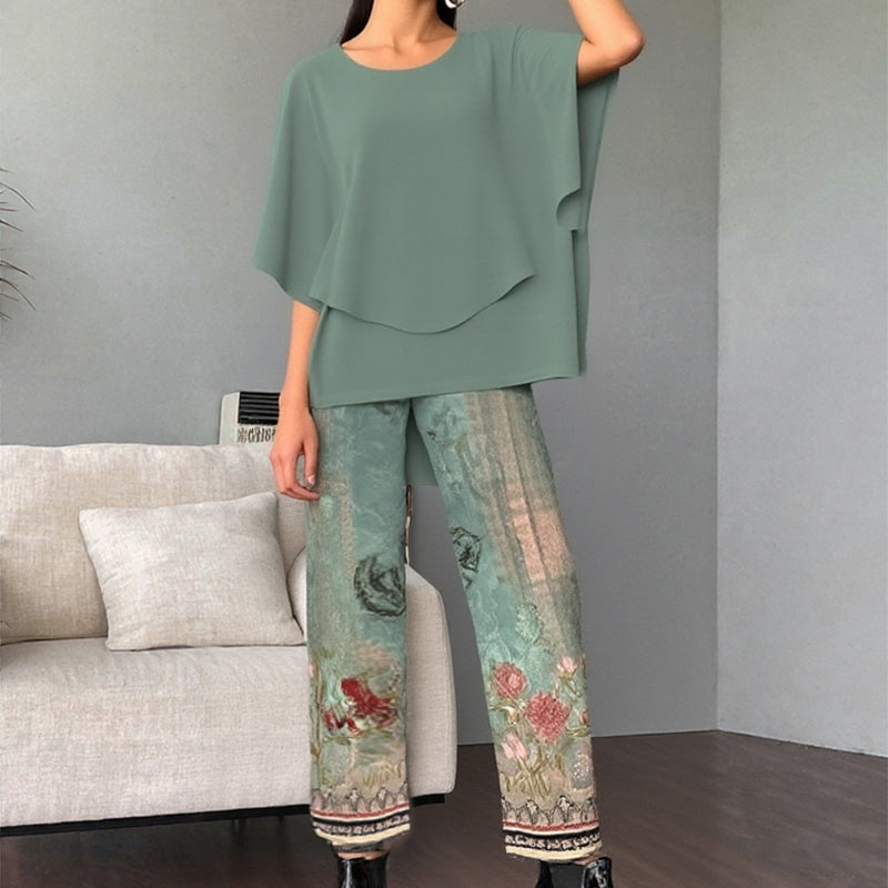 🔥Offre spéciale🔥 Ensemble deux pièces : pantalon imprimé et haut à col rond