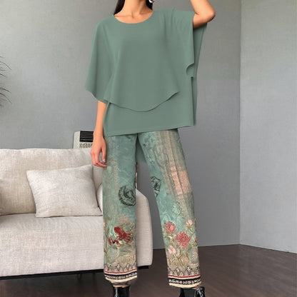 🔥Offre spéciale🔥 Ensemble deux pièces : pantalon imprimé et haut à col rond