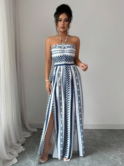 👗 60% DE RÉDUCTION 💥 Combinaison motifs géométriques – Encolure dos nu & fente latérale – Tissu fluide, polyvalente – parfaite pour les soirées ou les vacances ✨