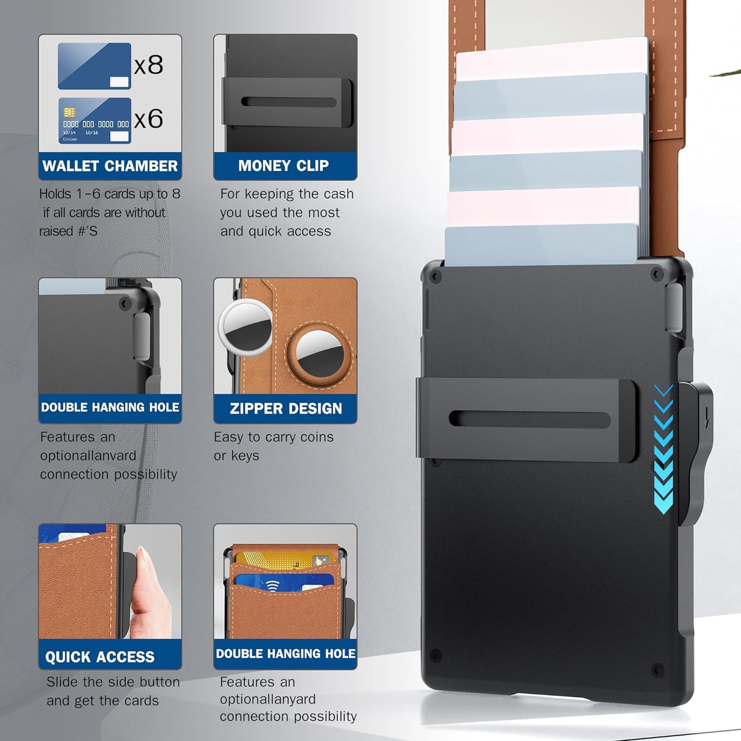 💼🔒Portefeuille fin en aluminium pour homme avec protection RFID – Porte-cartes escamotable avec pince à billets et double fenêtre pour carte d'identité