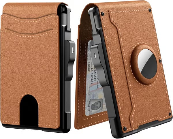 💼🔒Portefeuille fin en aluminium pour homme avec protection RFID – Porte-cartes escamotable avec pince à billets et double fenêtre pour carte d'identité