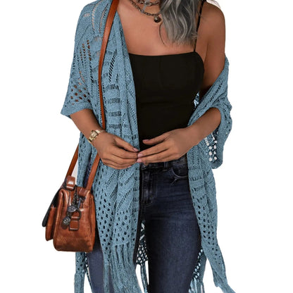 🔥 😍Gilet oversize en maille pour femme – Kimono léger à pompons en crochet pour le printemps et l'été 🌸