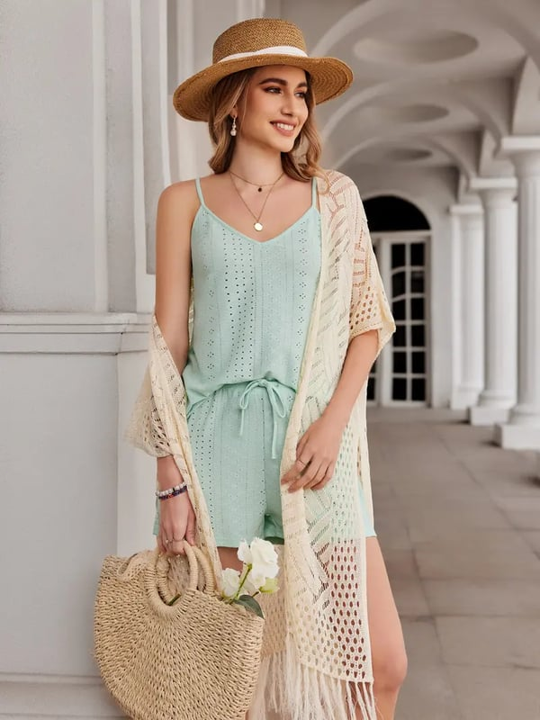 🔥 😍Gilet oversize en maille pour femme – Kimono léger à pompons en crochet pour le printemps et l'été 🌸