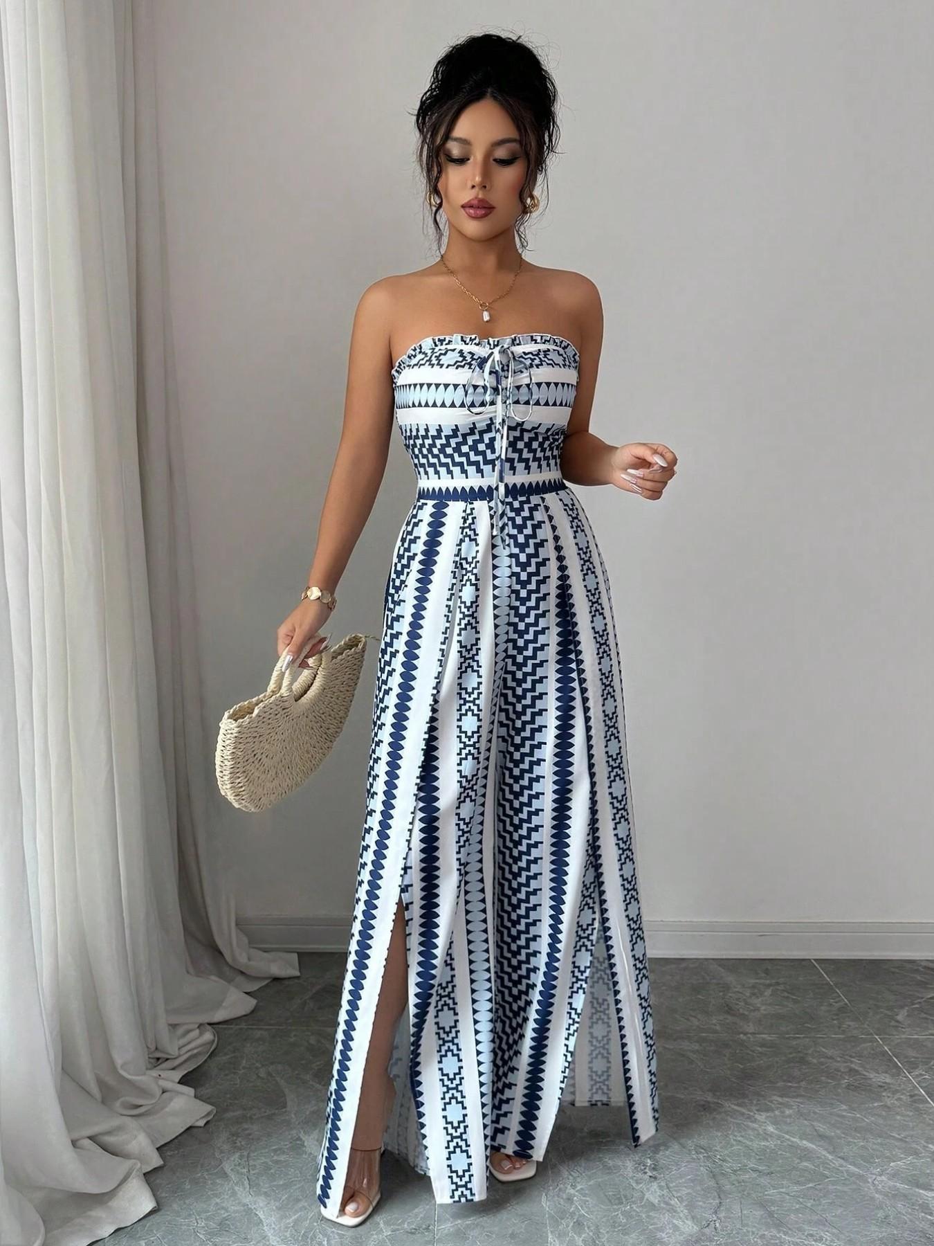 👗 60% DE RÉDUCTION 💥 Combinaison motifs géométriques – Encolure dos nu & fente latérale – Tissu fluide, polyvalente – parfaite pour les soirées ou les vacances ✨