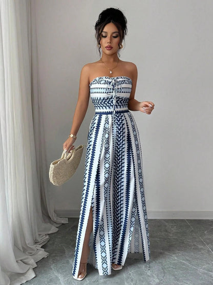 👗 60% DE RÉDUCTION 💥 Combinaison motifs géométriques – Encolure dos nu & fente latérale – Tissu fluide, polyvalente – parfaite pour les soirées ou les vacances ✨