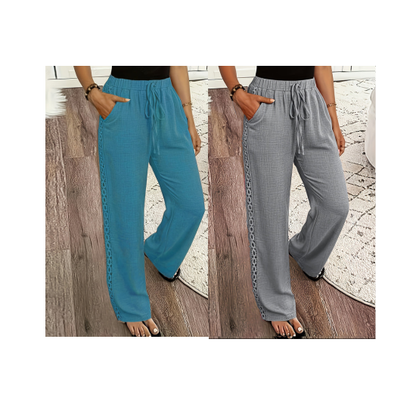 🔥-53%👖 Pantalon à jambes larges pour femmes, taille élastique avec cordon de serrage, bordure en dentelle, ample et confortable, style décontracté.