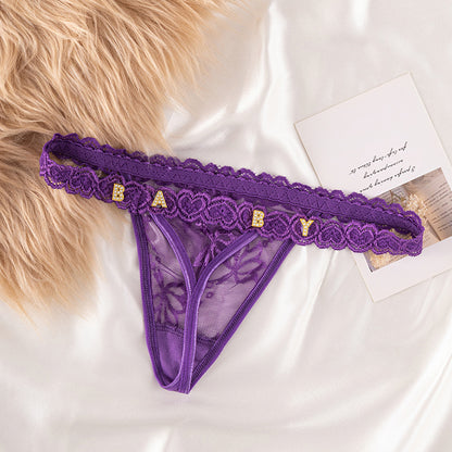 String séduisant pour femme en dentelle en forme de cœur, transparent et orné de strass en forme de lettres
