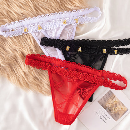 String séduisant pour femme en dentelle en forme de cœur, transparent et orné de strass en forme de lettres