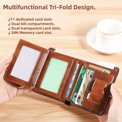 💼🔒Portefeuille homme trois volets en cuir pleine fleur véritable avec protection RFID - 11 emplacements