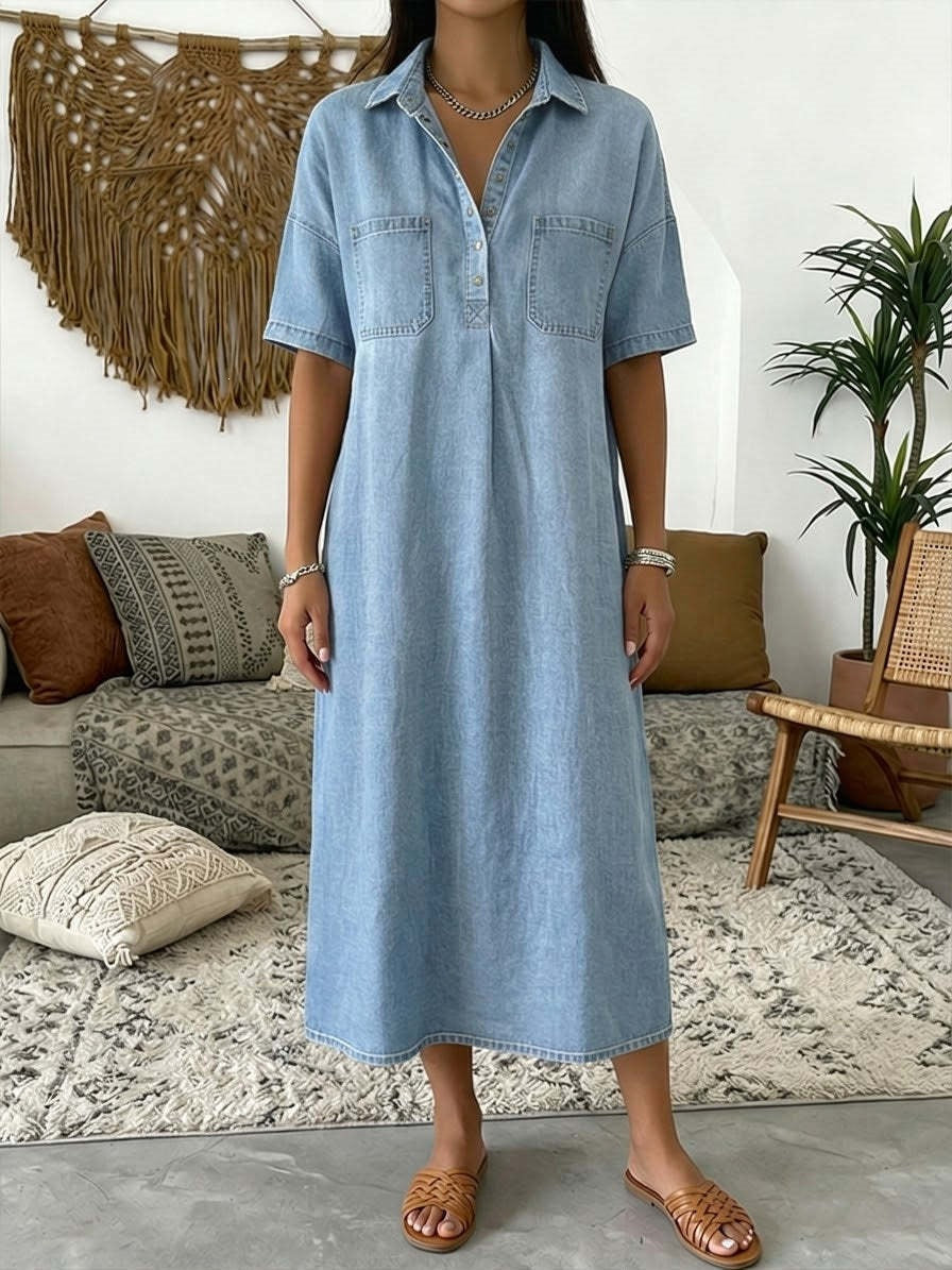 👗🔥 -50% ! Robe-Chemise Midi Jean Femme Poches – Tissu Structuré Non Collant Coupe Oversize Flatteuse Toutes Morphologies S-3XL, Col V Ajustable Manches Courtes Élégance Quotidienne, Légère Respirante ✨