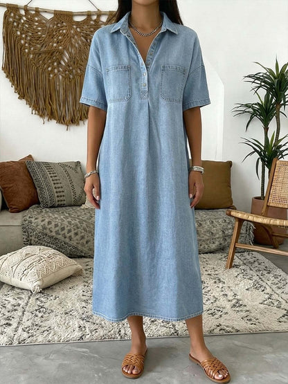 👗🔥 -50% ! Robe-Chemise Midi Jean Femme Poches – Tissu Structuré Non Collant Coupe Oversize Flatteuse Toutes Morphologies S-3XL, Col V Ajustable Manches Courtes Élégance Quotidienne, Légère Respirante ✨