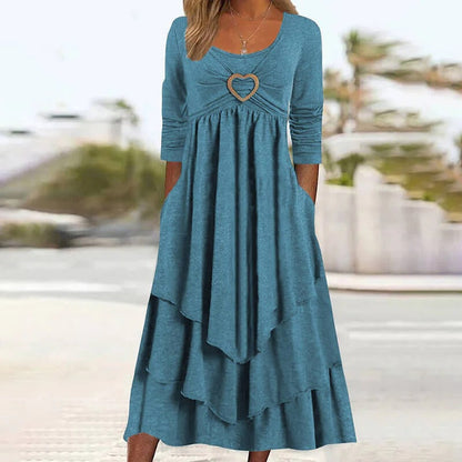 Best-seller🏆👗 Robe midi à volants avec motif en forme de cœur – Coupe trapèze flatteuse et tissu léger, idéale pour les voyages ou les sorties entre amis