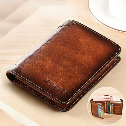 💼🔒Portefeuille homme trois volets en cuir pleine fleur véritable avec protection RFID - 11 emplacements