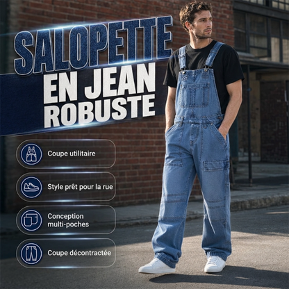 Salopette en jean classique pour homme à jambes larges 🛠️ Multiples poches pratiques 🔥 - Coupe décontractée (56 %), résistante et durable