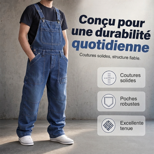 Salopette en jean classique pour homme à jambes larges 🛠️ Multiples poches pratiques 🔥 - Coupe décontractée (56 %), résistante et durable