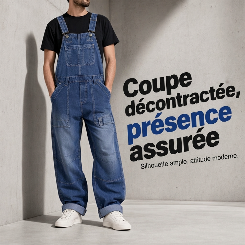 Salopette en jean classique pour homme à jambes larges 🛠️ Multiples poches pratiques 🔥 - Coupe décontractée (56 %), résistante et durable