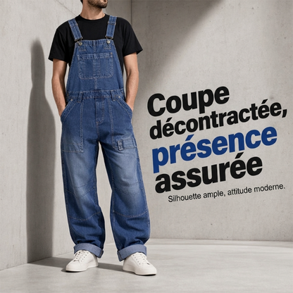 Salopette en jean classique pour homme à jambes larges 🛠️ Multiples poches pratiques 🔥 - Coupe décontractée (56 %), résistante et durable