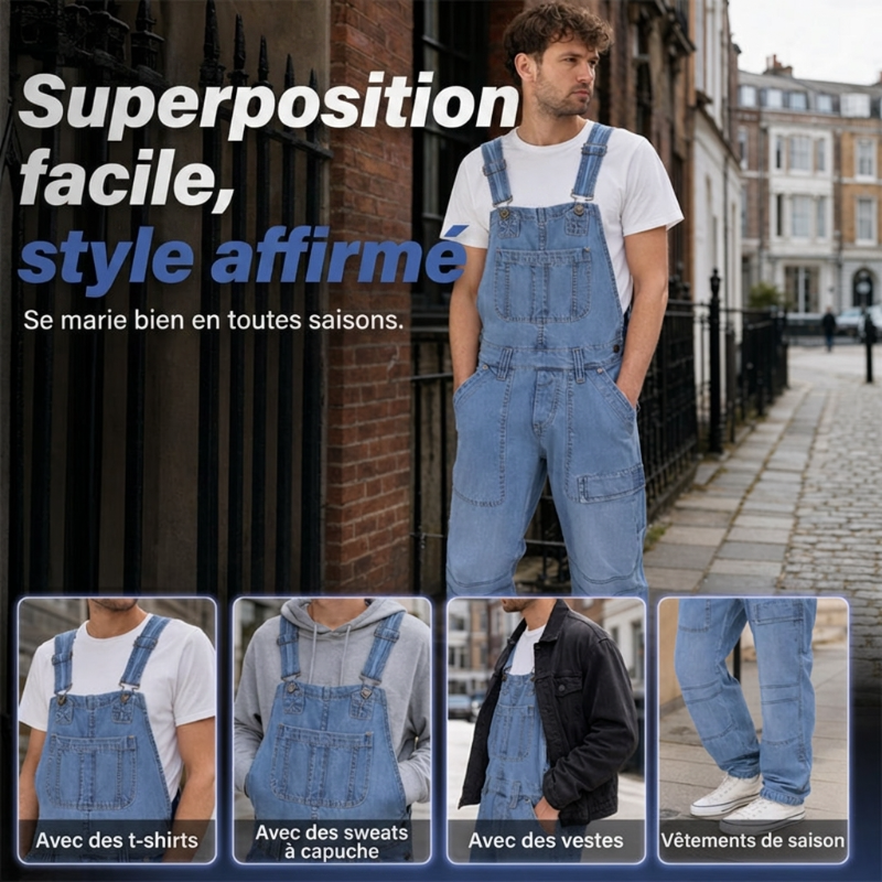 Salopette en jean classique pour homme à jambes larges 🛠️ Multiples poches pratiques 🔥 - Coupe décontractée (56 %), résistante et durable