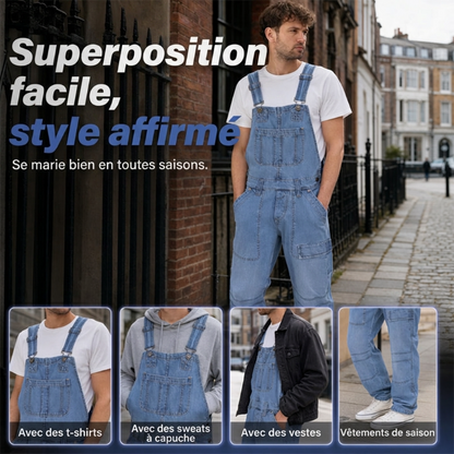 Salopette en jean classique pour homme à jambes larges 🛠️ Multiples poches pratiques 🔥 - Coupe décontractée (56 %), résistante et durable