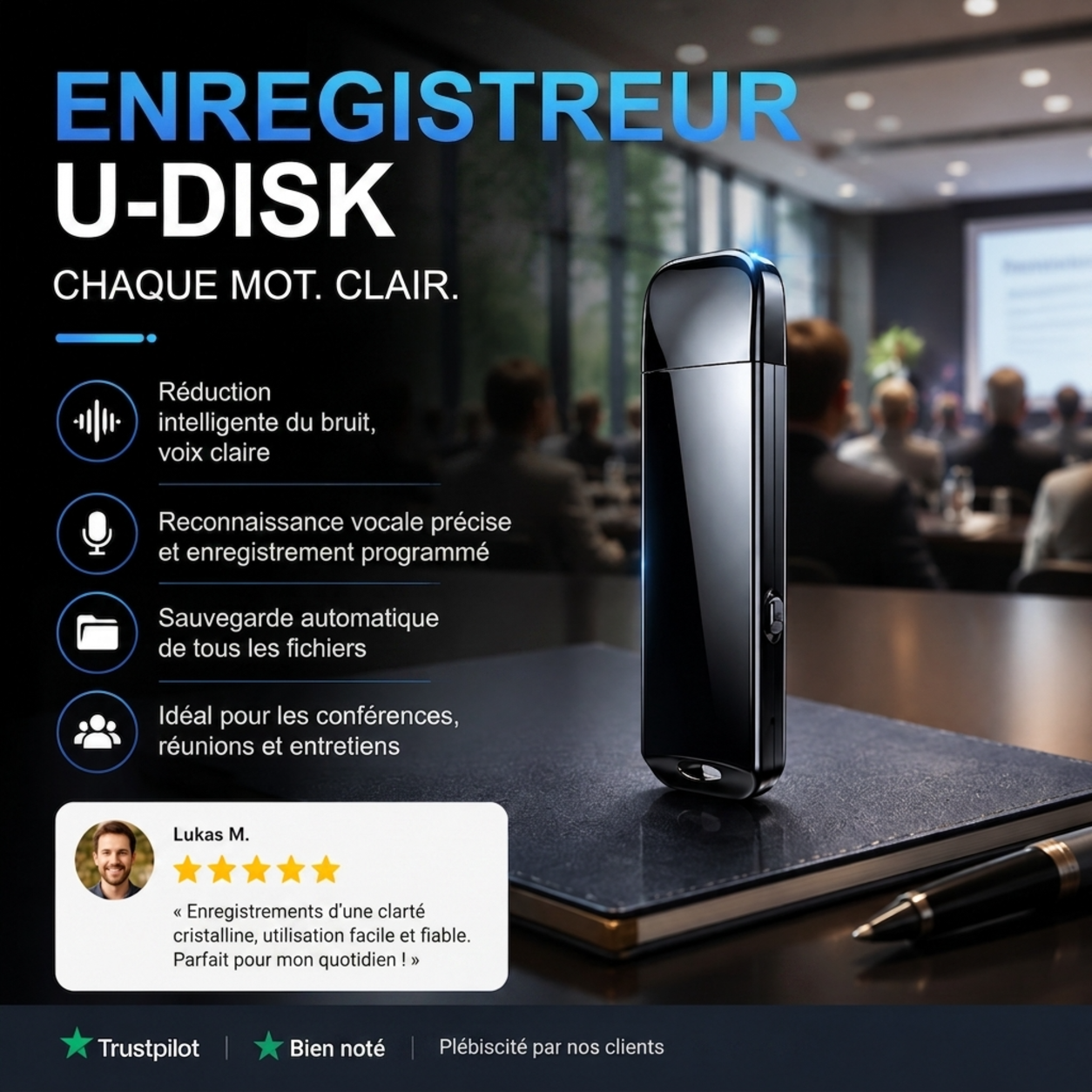 🚗50 % de réduction🔒 Enregistreur vocal USB crypté | Cryptage des fichiers · Réduction du bruit pour des enregistrements clairs · Enregistrement en une seule touche · Enregistrement à commande vocale