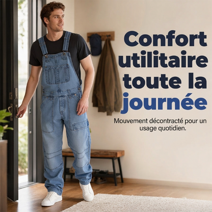 Salopette en jean classique pour homme à jambes larges 🛠️ Multiples poches pratiques 🔥 - Coupe décontractée (56 %), résistante et durable