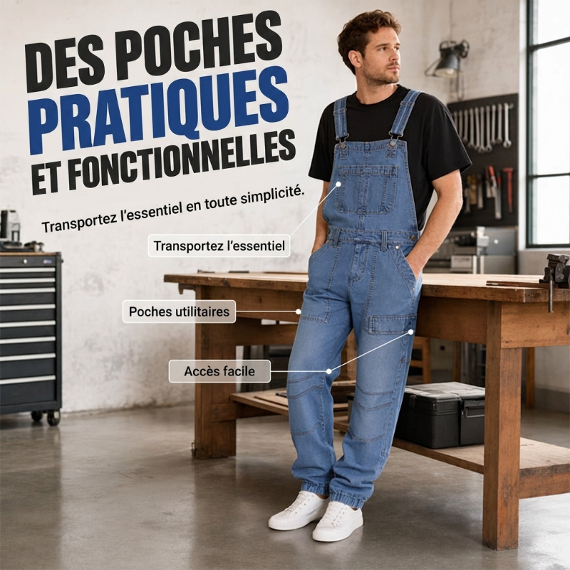 Salopette en jean classique pour homme à jambes larges 🛠️ Multiples poches pratiques 🔥 - Coupe décontractée (56 %), résistante et durable