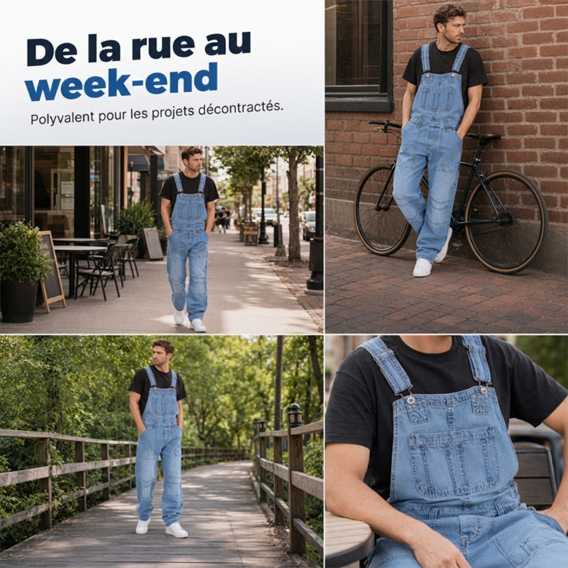 Salopette en jean classique pour homme à jambes larges 🛠️ Multiples poches pratiques 🔥 - Coupe décontractée (56 %), résistante et durable