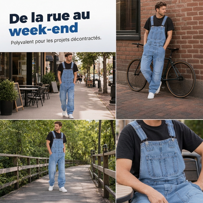 Salopette en jean classique pour homme à jambes larges 🛠️ Multiples poches pratiques 🔥 - Coupe décontractée (56 %), résistante et durable