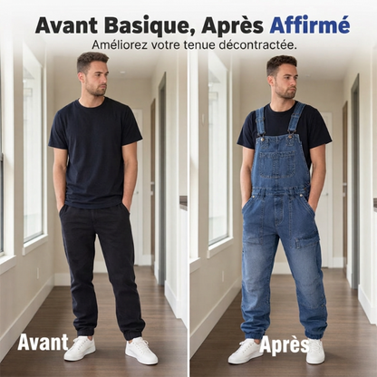 Salopette en jean classique pour homme à jambes larges 🛠️ Multiples poches pratiques 🔥 - Coupe décontractée (56 %), résistante et durable