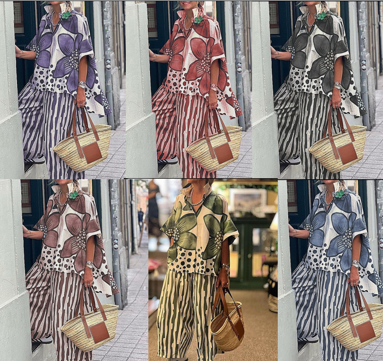 Ensemble 2 Pièces Femme : Haut Imprimé et Pantalon Assorti