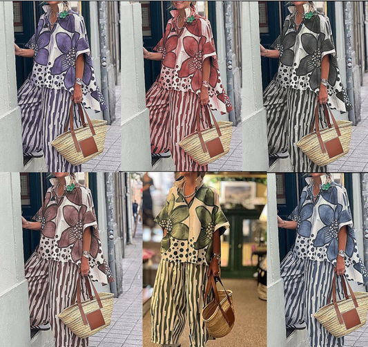 Ensemble 2 Pièces Femme : Haut Imprimé et Pantalon Assorti